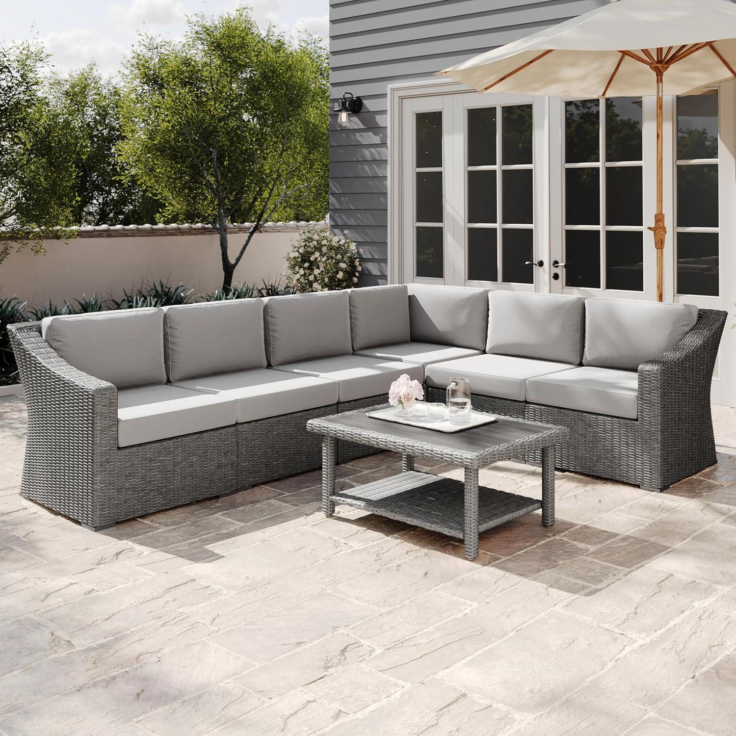 imageMartha Stewart Bedford IndoorOutdoor Modular Patio Sectional Sofa for 6 with Rattan Wicker Finish in Brown with Tan AllWeather CushionsGray CushionsGray Frame