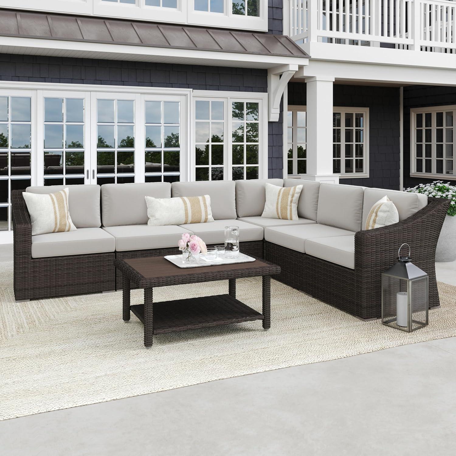 imageMartha Stewart Bedford IndoorOutdoor Modular Patio Sectional Sofa for 6 with Rattan Wicker Finish in Brown with Tan AllWeather CushionsTan CushionsBrown Frame