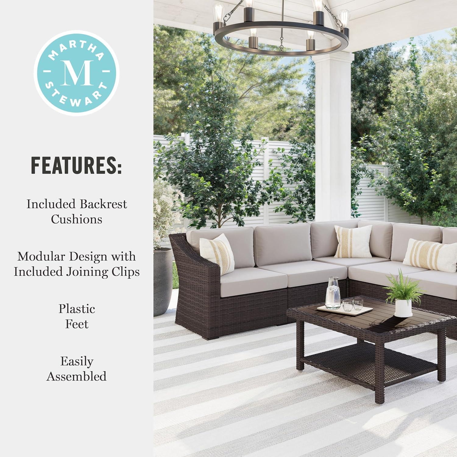 imageMartha Stewart Bedford IndoorOutdoor Modular Patio Sectional Sofa for 6 with Rattan Wicker Finish in Brown with Tan AllWeather CushionsTan CushionsBrown Frame