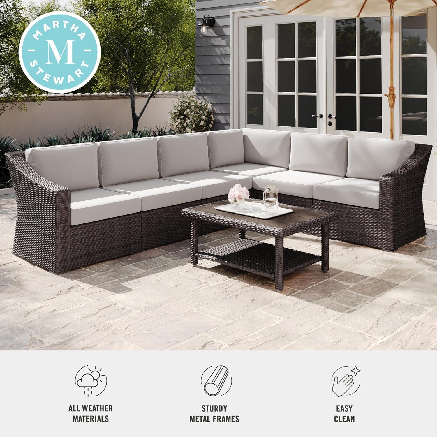 imageMartha Stewart Bedford IndoorOutdoor Modular Patio Sectional Sofa for 6 with Rattan Wicker Finish in Brown with Tan AllWeather CushionsTan CushionsBrown Frame