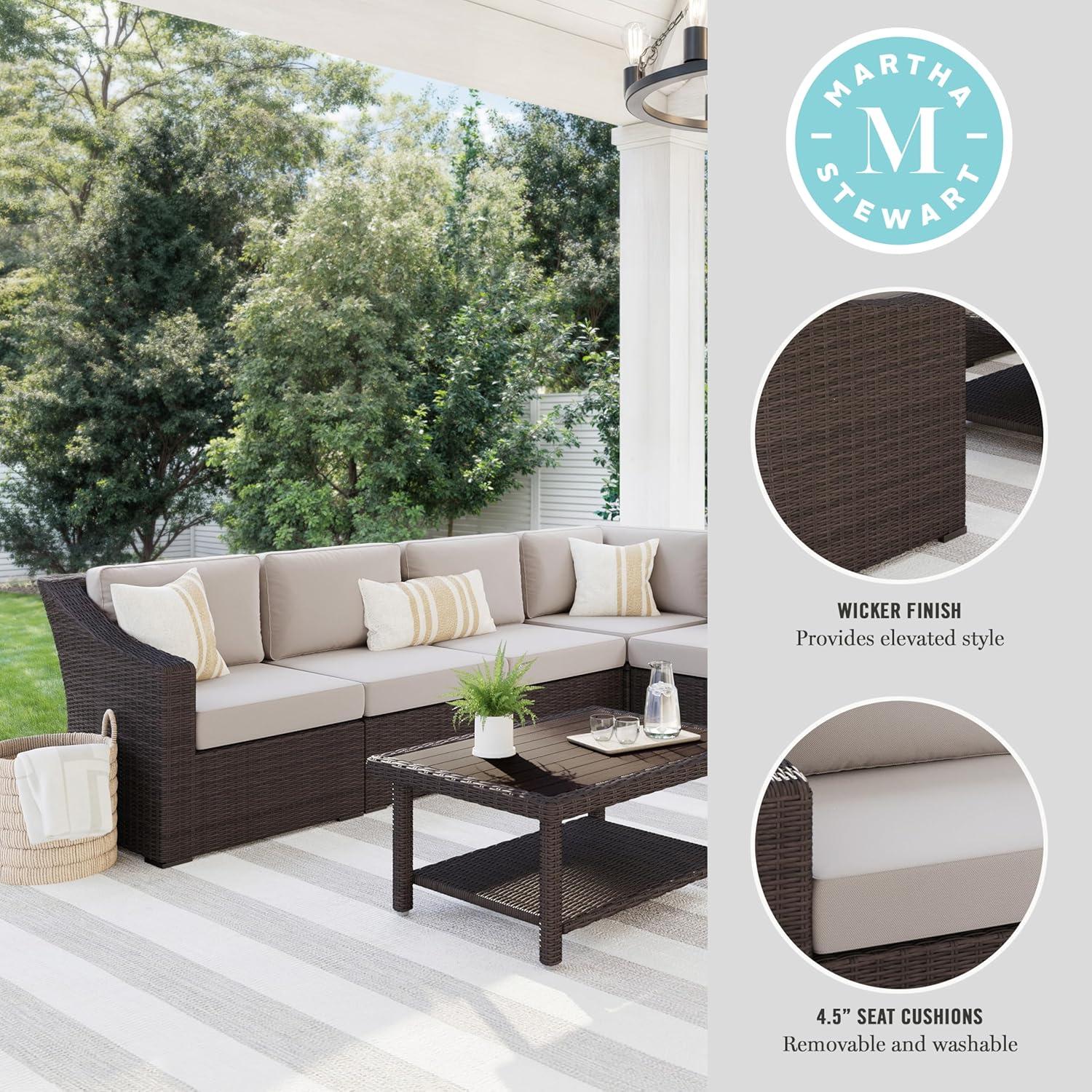 imageMartha Stewart Bedford IndoorOutdoor Modular Patio Sectional Sofa for 6 with Rattan Wicker Finish in Brown with Tan AllWeather CushionsTan CushionsBrown Frame