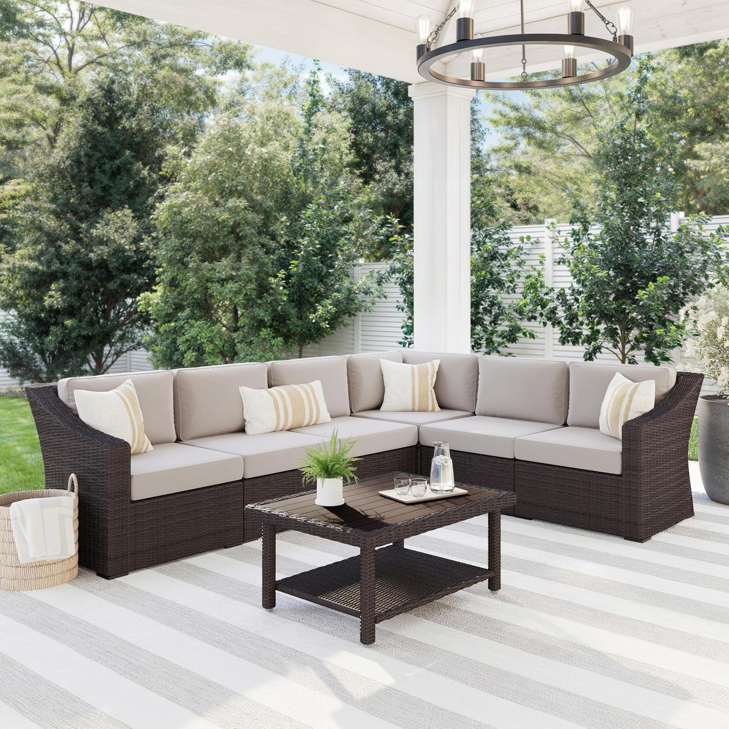 imageMartha Stewart Bedford IndoorOutdoor Modular Patio Sectional Sofa for 6 with Rattan Wicker Finish in Brown with Tan AllWeather CushionsTan CushionsBrown Frame