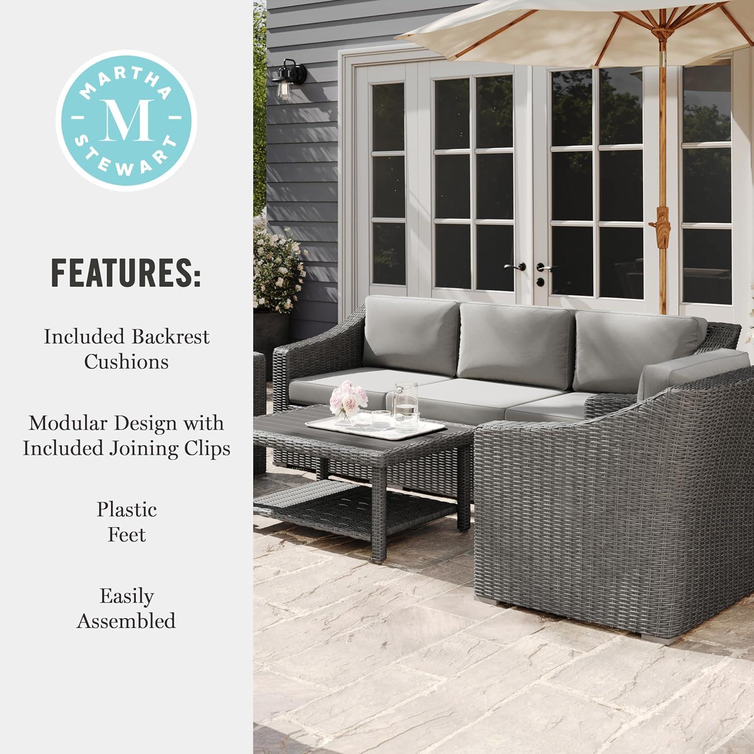 imageMartha Stewart Bedford IndoorOutdoor Modular Patio Sofa for 3 with Rattan Wicker Finish in Brown with Tan AllWeather CushionsGray CushionsGray Frame