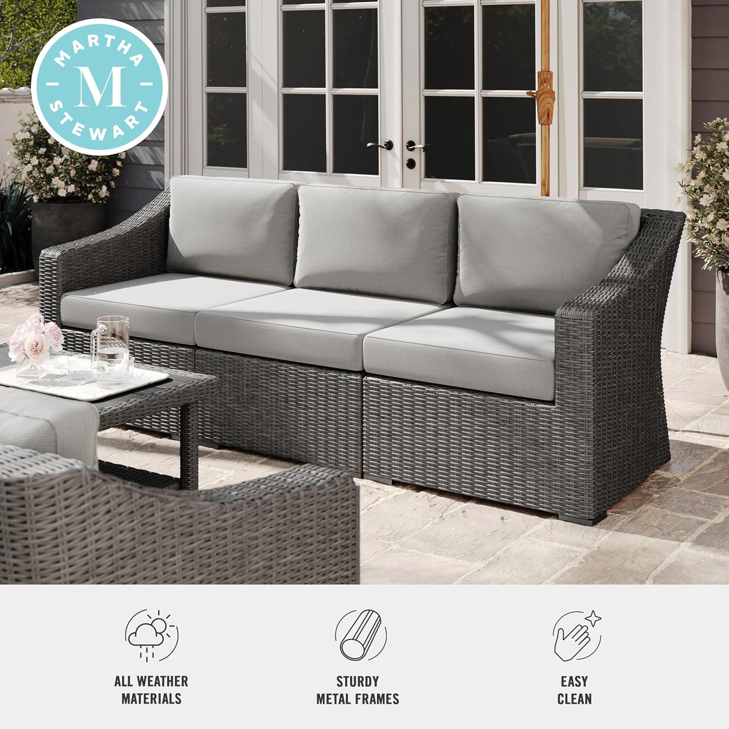 imageMartha Stewart Bedford IndoorOutdoor Modular Patio Sofa for 3 with Rattan Wicker Finish in Brown with Tan AllWeather CushionsGray CushionsGray Frame
