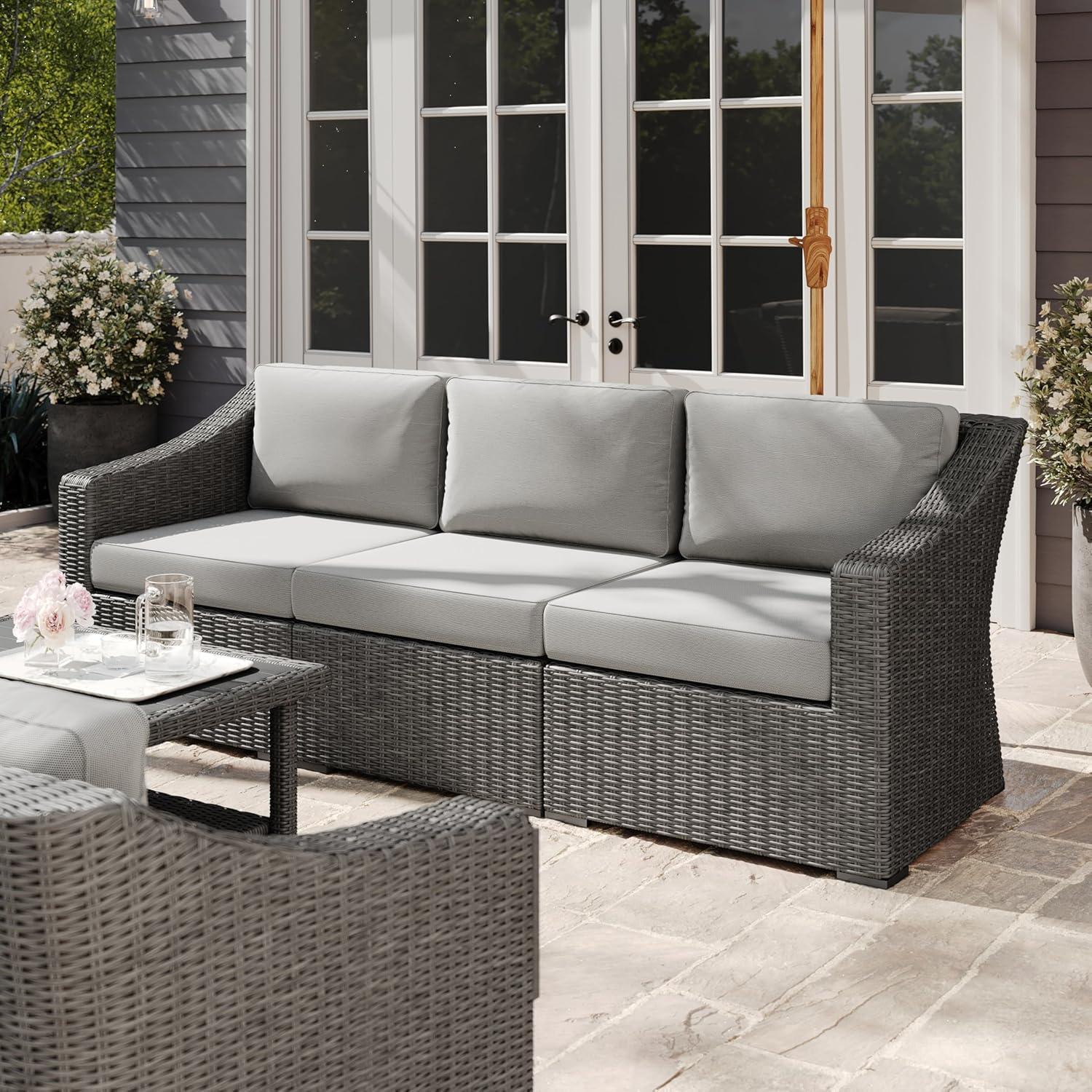 imageMartha Stewart Bedford IndoorOutdoor Modular Patio Sofa for 3 with Rattan Wicker Finish in Brown with Tan AllWeather CushionsGray CushionsGray Frame