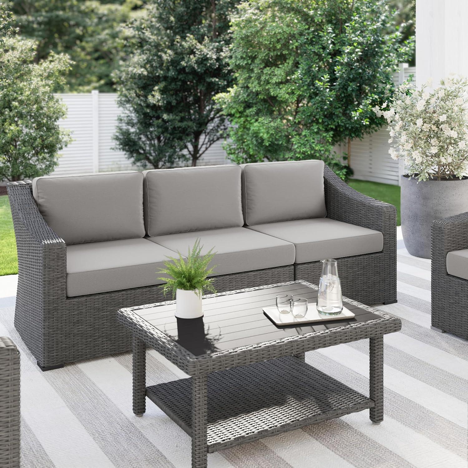 imageMartha Stewart Bedford IndoorOutdoor Modular Patio Sofa for 3 with Rattan Wicker Finish in Brown with Tan AllWeather CushionsGray CushionsGray Frame