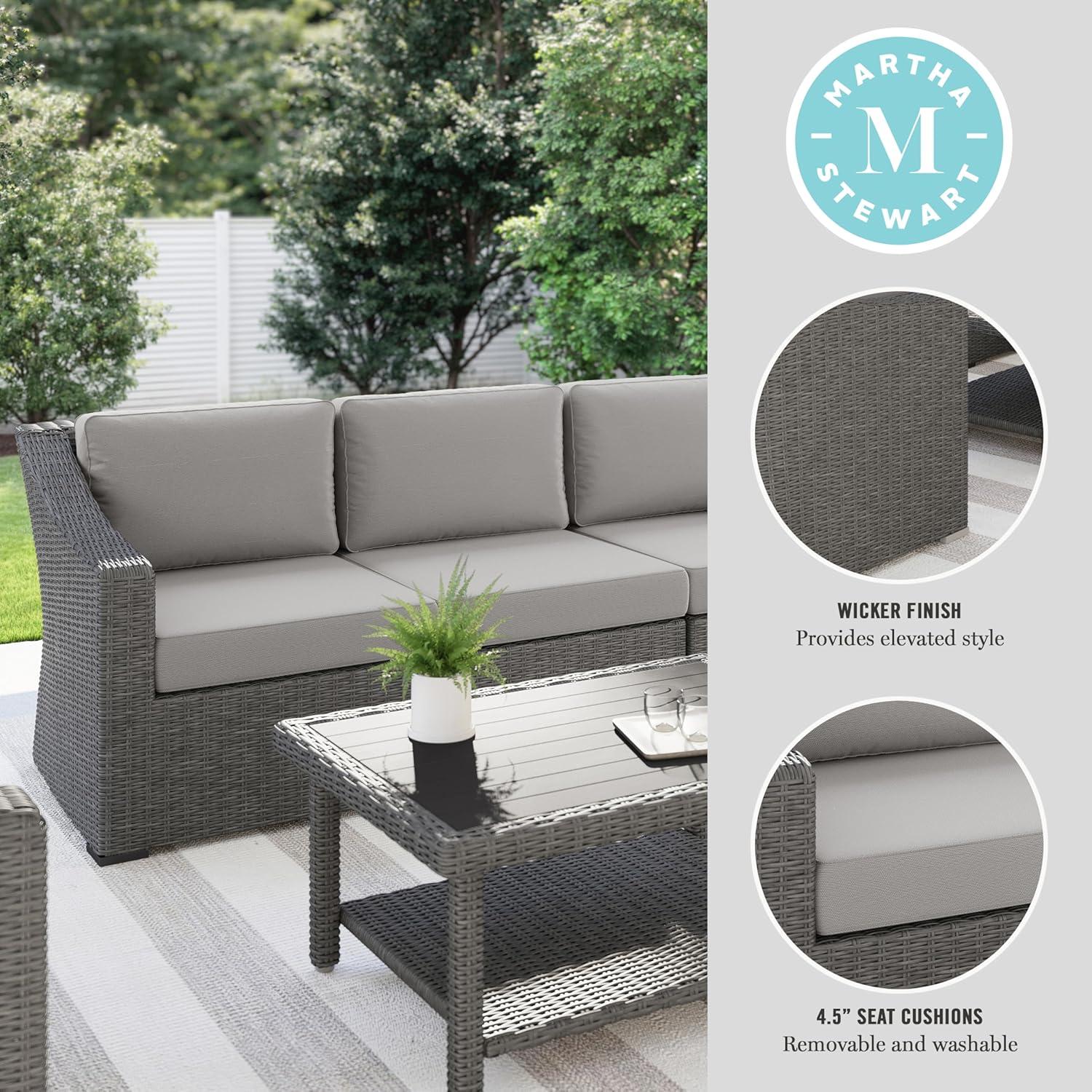 imageMartha Stewart Bedford IndoorOutdoor Modular Patio Sofa for 3 with Rattan Wicker Finish in Brown with Tan AllWeather CushionsGray CushionsGray Frame