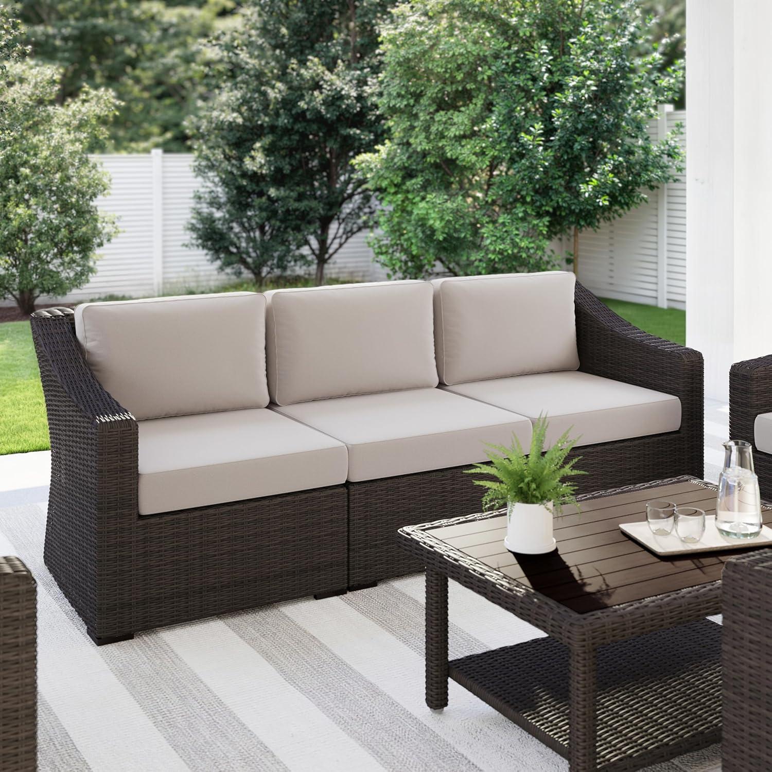 imageMartha Stewart Bedford IndoorOutdoor Modular Patio Sofa for 3 with Rattan Wicker Finish in Brown with Tan AllWeather CushionsTan CushionsBrown Frame
