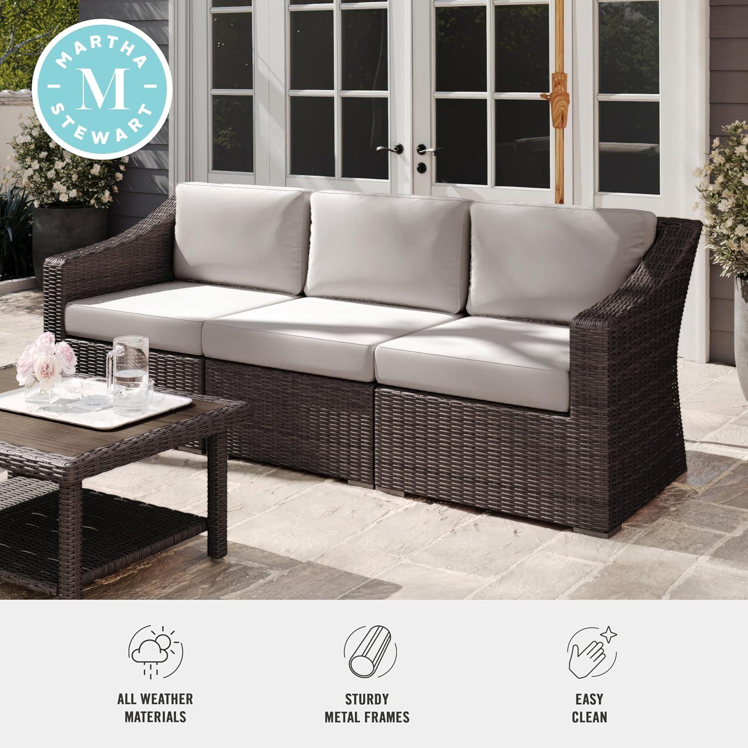 imageMartha Stewart Bedford IndoorOutdoor Modular Patio Sofa for 3 with Rattan Wicker Finish in Brown with Tan AllWeather CushionsTan CushionsBrown Frame