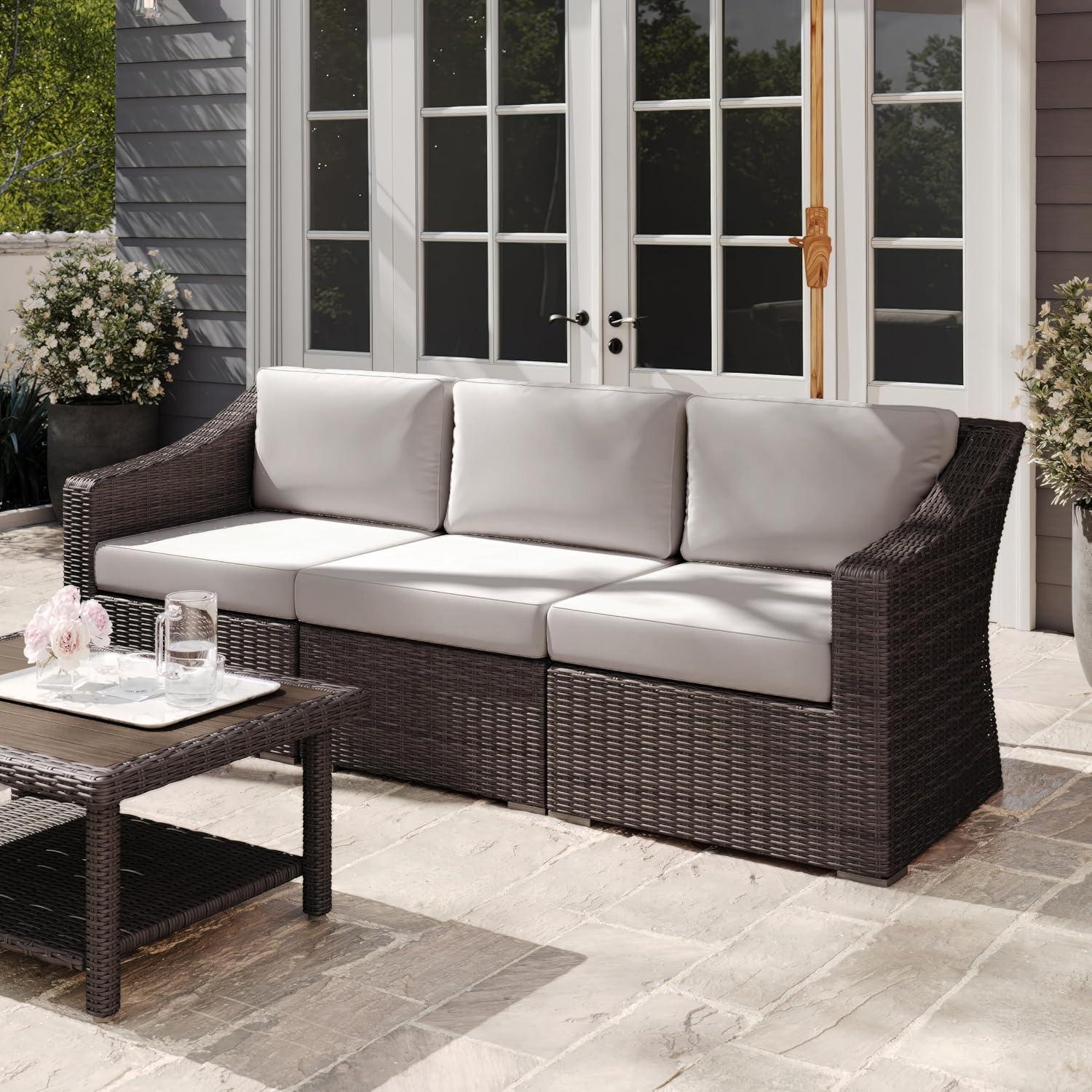 imageMartha Stewart Bedford IndoorOutdoor Modular Patio Sofa for 3 with Rattan Wicker Finish in Brown with Tan AllWeather CushionsTan CushionsBrown Frame