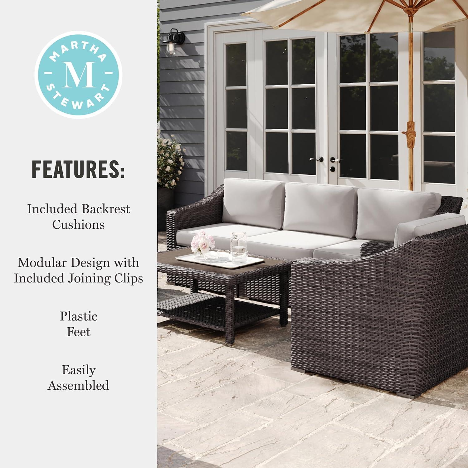 imageMartha Stewart Bedford IndoorOutdoor Modular Patio Sofa for 3 with Rattan Wicker Finish in Brown with Tan AllWeather CushionsTan CushionsBrown Frame