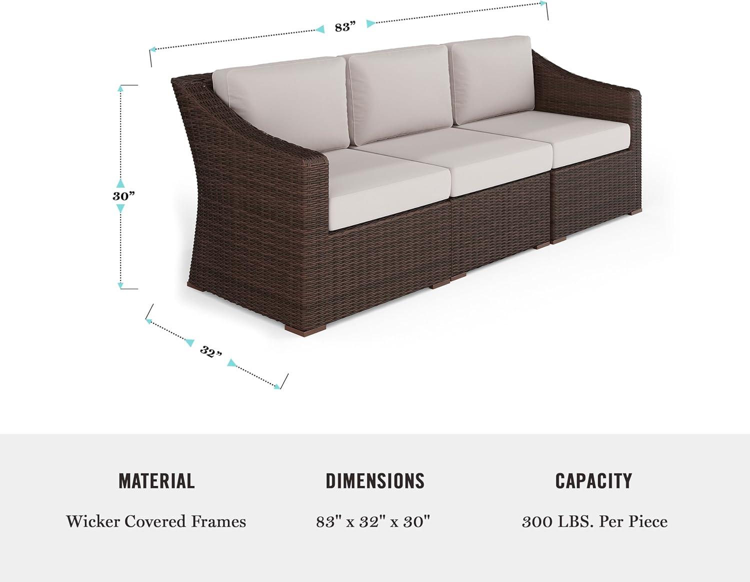 imageMartha Stewart Bedford IndoorOutdoor Modular Patio Sofa for 3 with Rattan Wicker Finish in Brown with Tan AllWeather CushionsTan CushionsBrown Frame