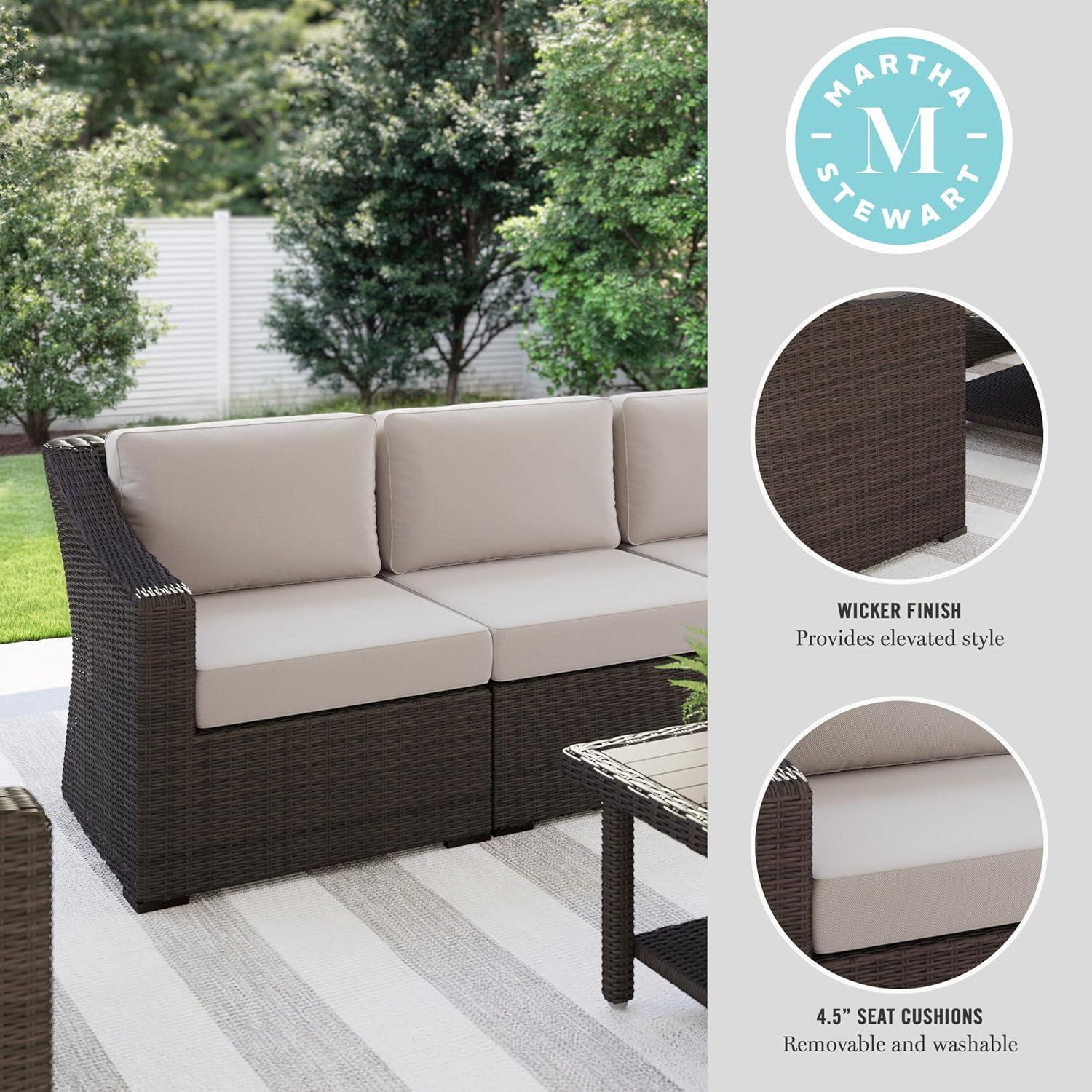 imageMartha Stewart Bedford IndoorOutdoor Modular Patio Sofa for 3 with Rattan Wicker Finish in Brown with Tan AllWeather CushionsTan CushionsBrown Frame