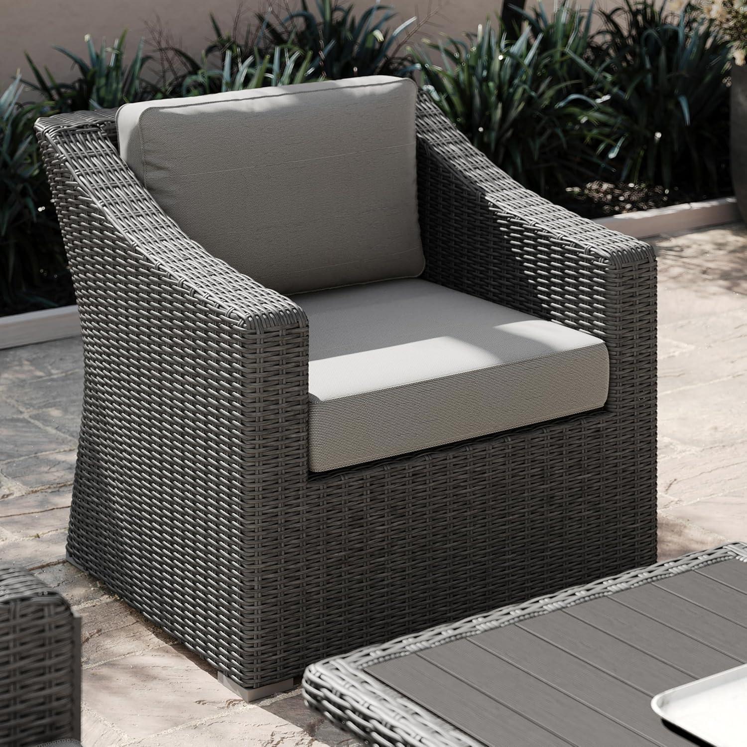 imageMartha Stewart Bedford IndoorOutdoor Patio Accent Chair with Rattan Wicker Finish in Gray with Gray AllWeather CushionsGray CushionsGray Frame