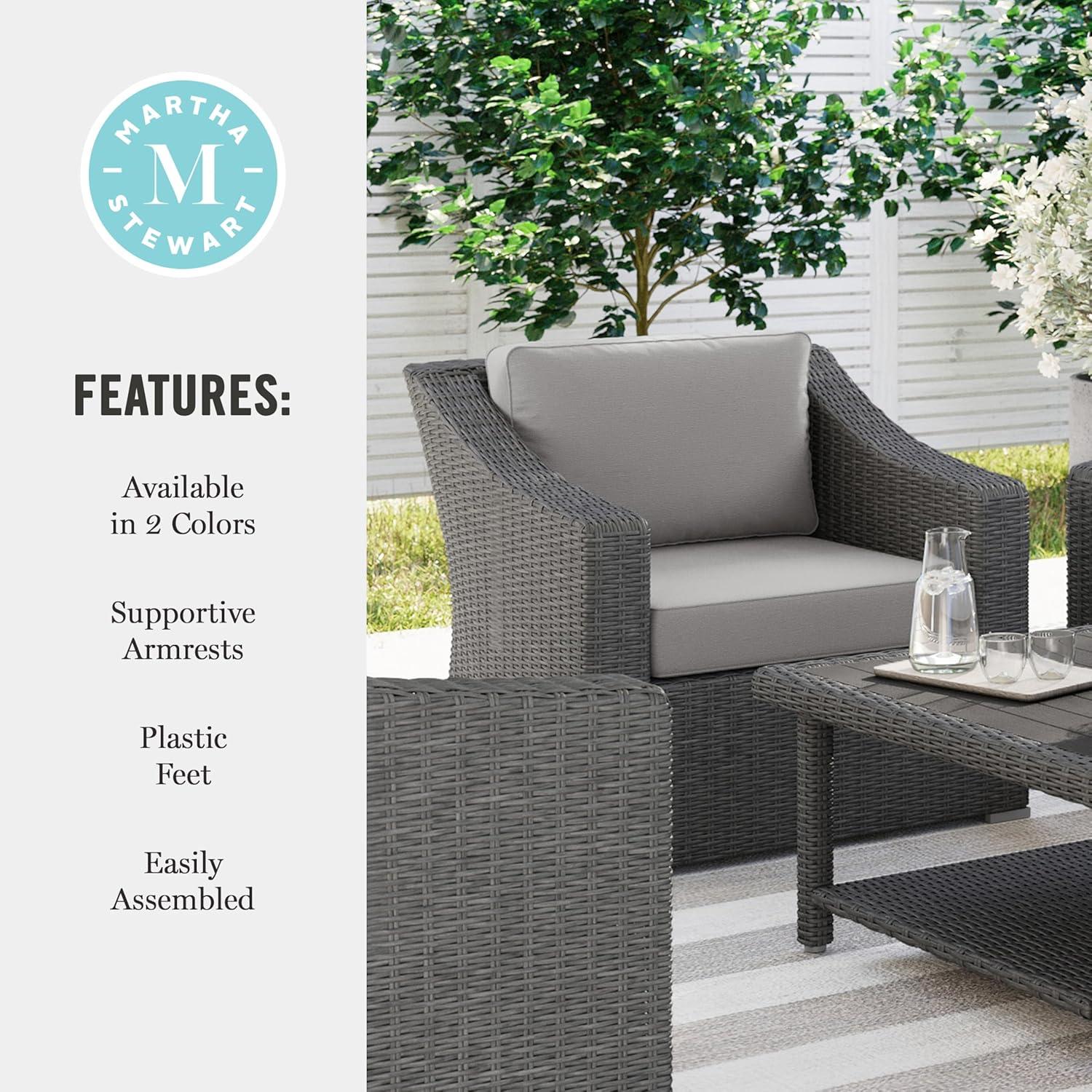 imageMartha Stewart Bedford IndoorOutdoor Patio Accent Chair with Rattan Wicker Finish in Gray with Gray AllWeather CushionsGray CushionsGray Frame