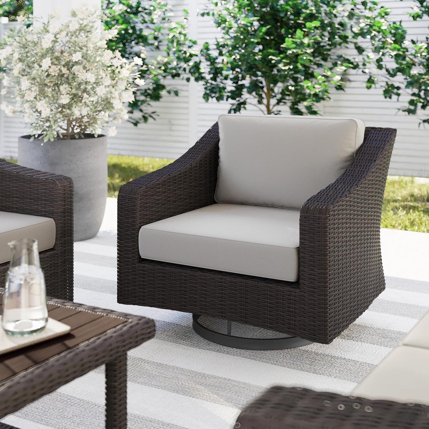 imageMartha Stewart Bedford IndoorOutdoor Patio Chair with 360 Swivel Functionality and Rattan Wicker Finish in Brown with Tan AllWeather Cushions