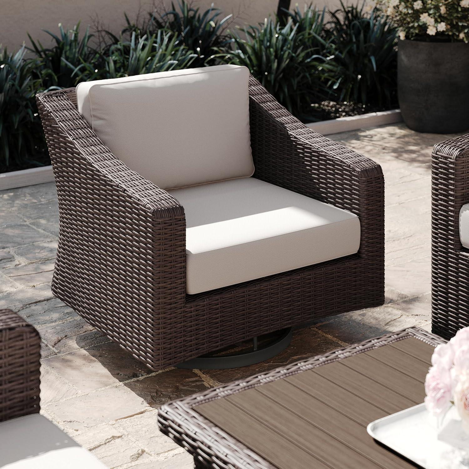 imageMartha Stewart Bedford IndoorOutdoor Patio Chair with 360 Swivel Functionality and Rattan Wicker Finish in Brown with Tan AllWeather Cushions