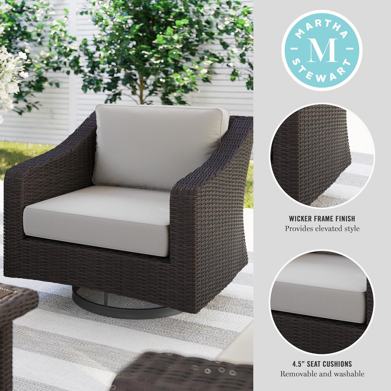 imageMartha Stewart Bedford IndoorOutdoor Patio Chair with 360 Swivel Functionality and Rattan Wicker Finish in Brown with Tan AllWeather Cushions