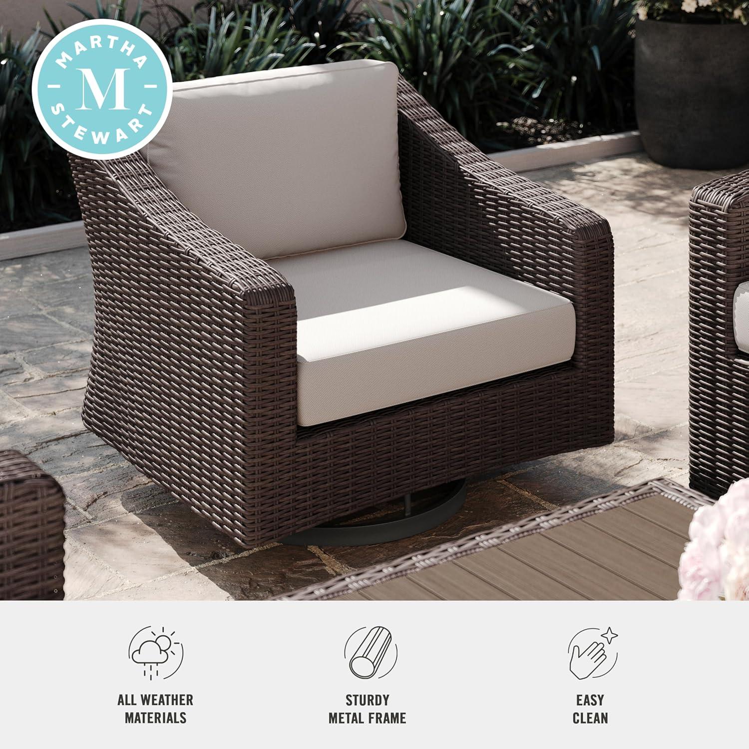 imageMartha Stewart Bedford IndoorOutdoor Patio Chair with 360 Swivel Functionality and Rattan Wicker Finish in Brown with Tan AllWeather Cushions