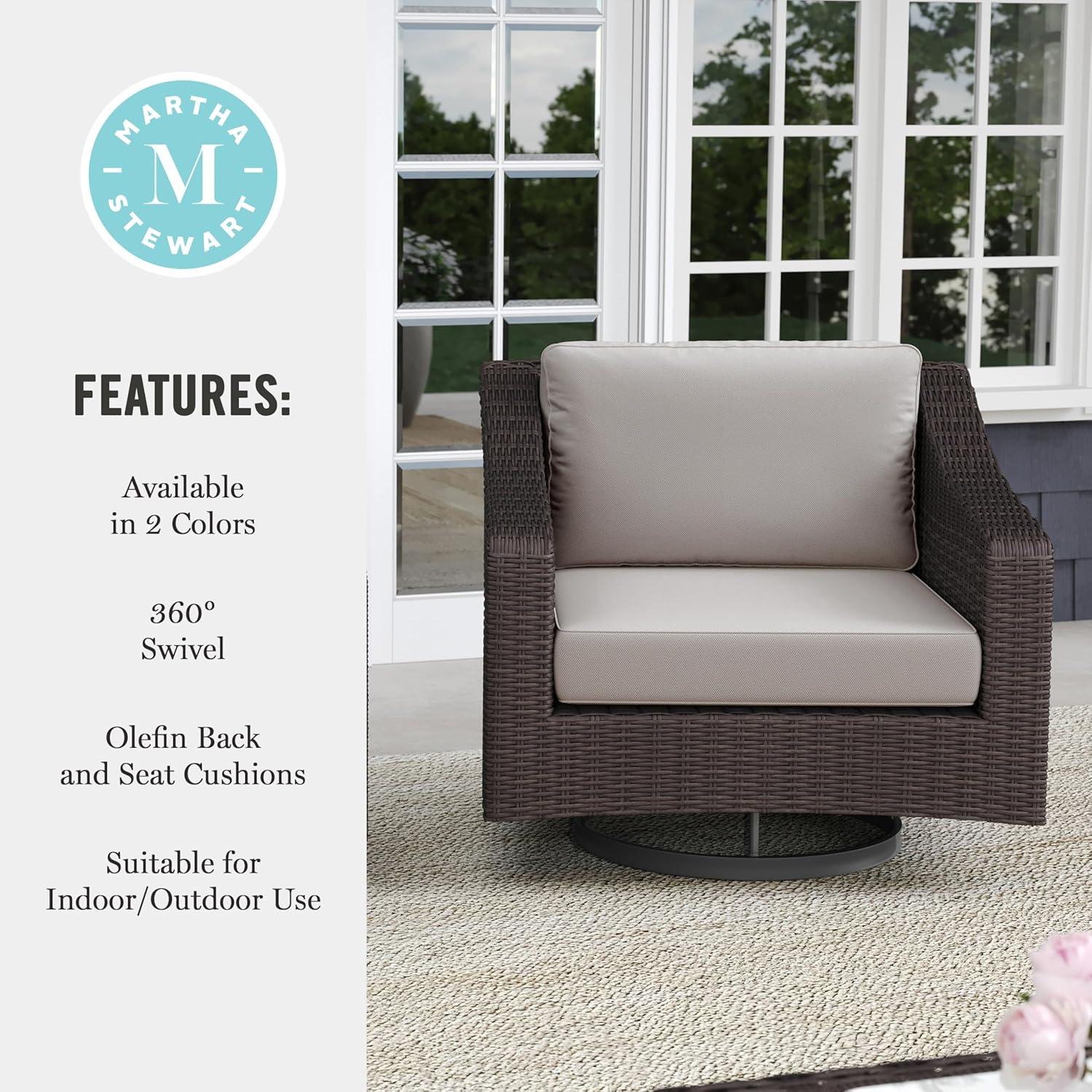 imageMartha Stewart Bedford IndoorOutdoor Patio Chair with 360 Swivel Functionality and Rattan Wicker Finish in Brown with Tan AllWeather Cushions