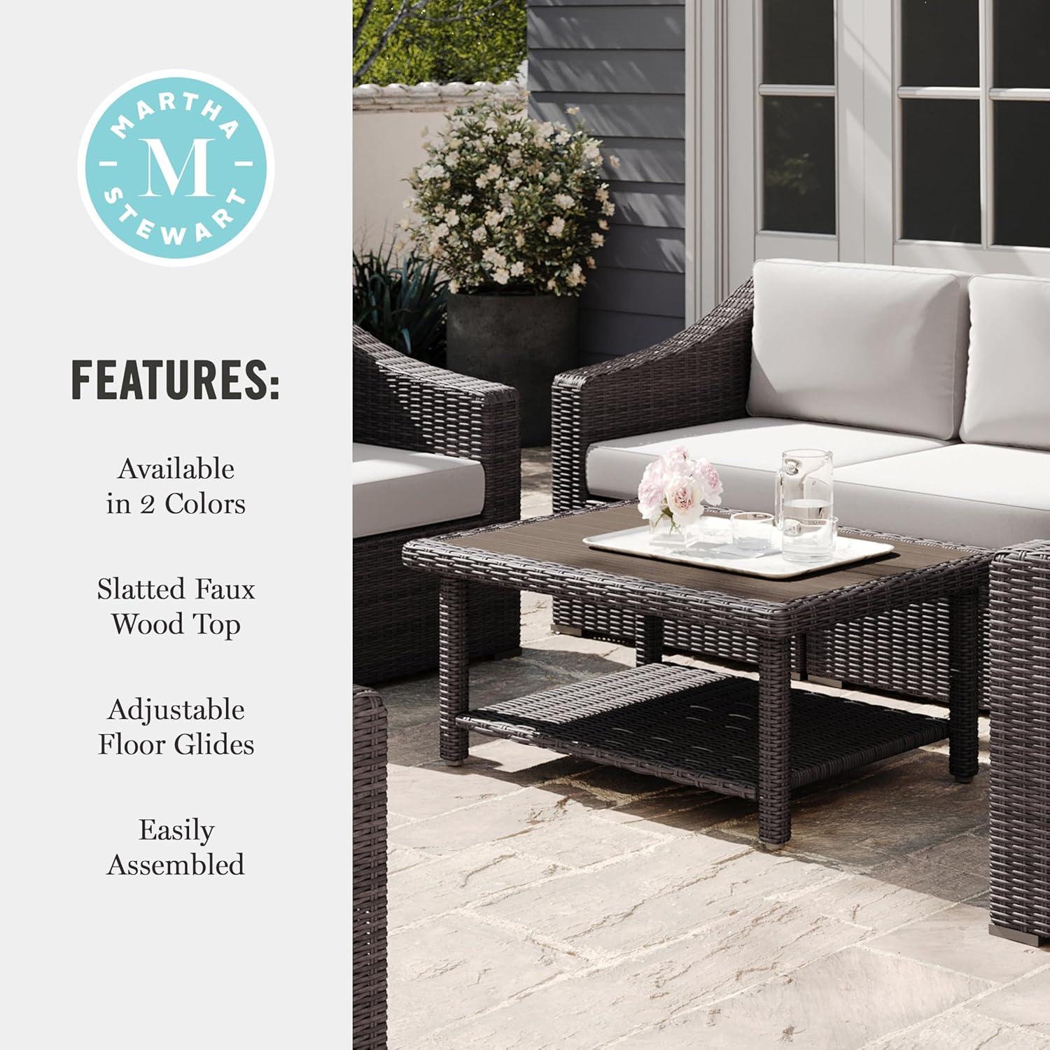 imageMartha Stewart Bedford IndoorOutdoor Patio Coffee Table with Lower Shelf Faux Wood Top and Rattan Wicker Finish in BrownBrown