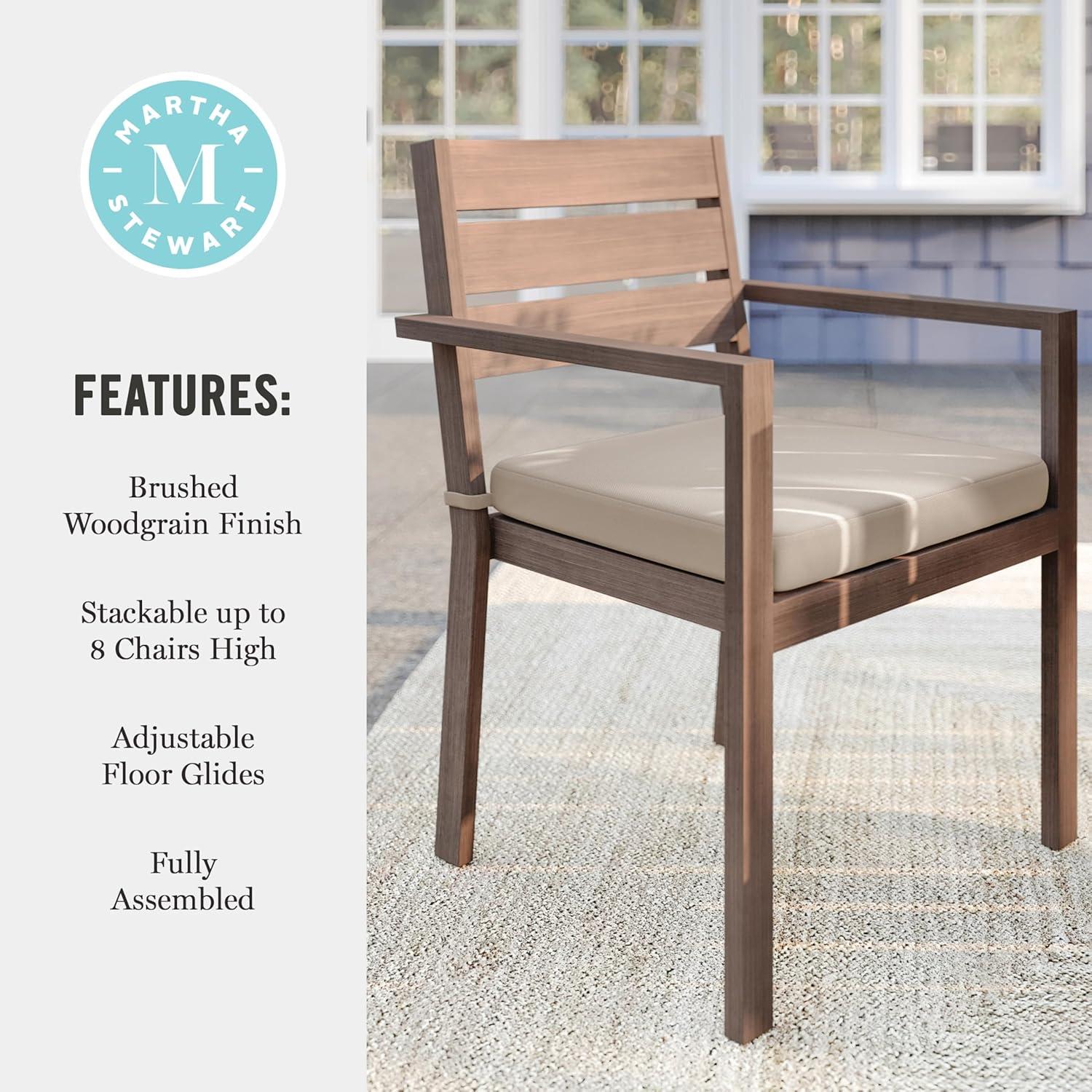 imageMartha Stewart Bedford IndoorOutdoor Stackable Aluminum Patio Armchair with Brushed Woodgrain Finish in Brown and Cream AllWeather CushionBrown