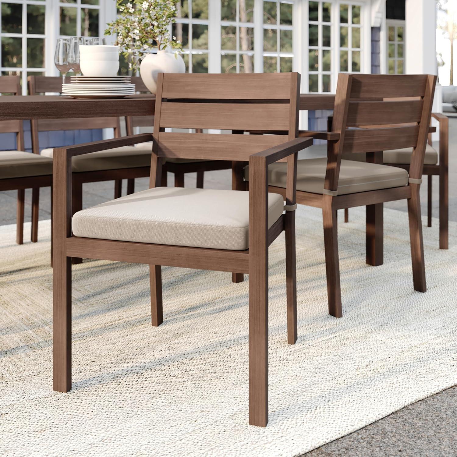 imageMartha Stewart Bedford IndoorOutdoor Stackable Aluminum Patio Armchair with Brushed Woodgrain Finish in Brown and Cream AllWeather CushionBrown
