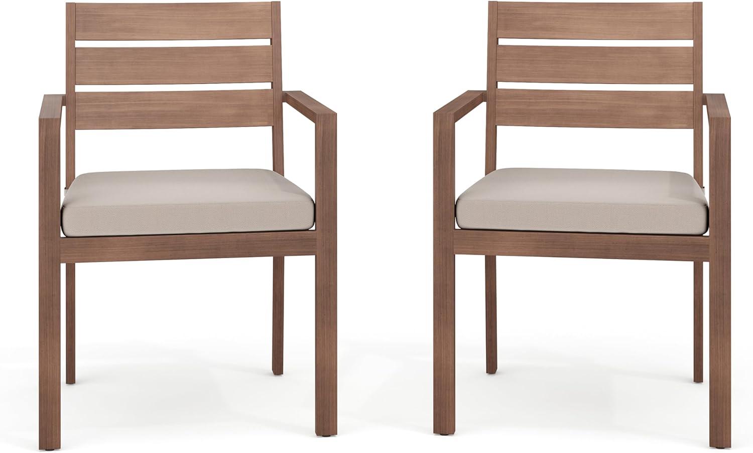 imageMartha Stewart Bedford IndoorOutdoor Stackable Aluminum Patio Armchair with Brushed Woodgrain Finish in Brown and Cream AllWeather CushionBrown