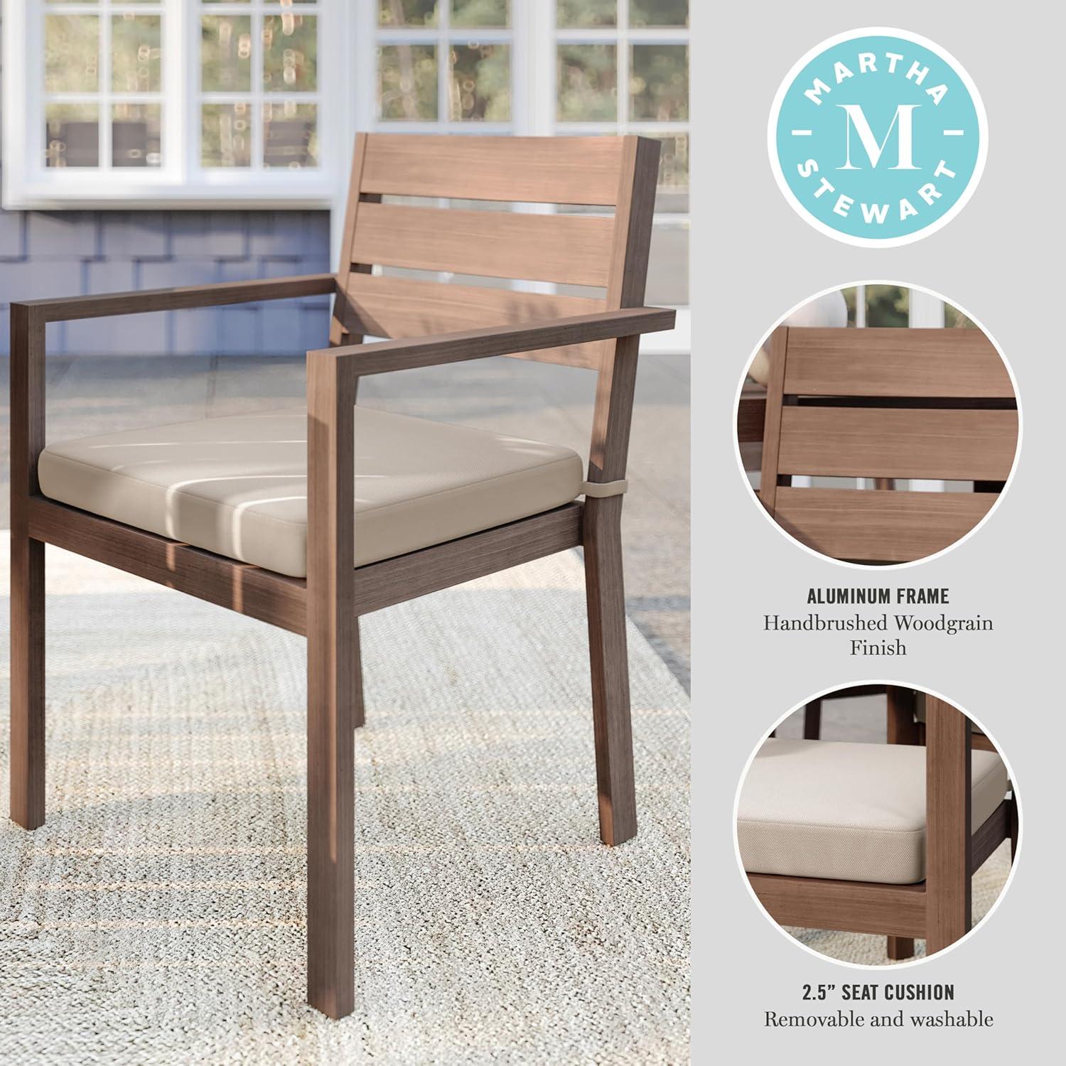 imageMartha Stewart Bedford IndoorOutdoor Stackable Aluminum Patio Armchair with Brushed Woodgrain Finish in Brown and Cream AllWeather CushionBrown