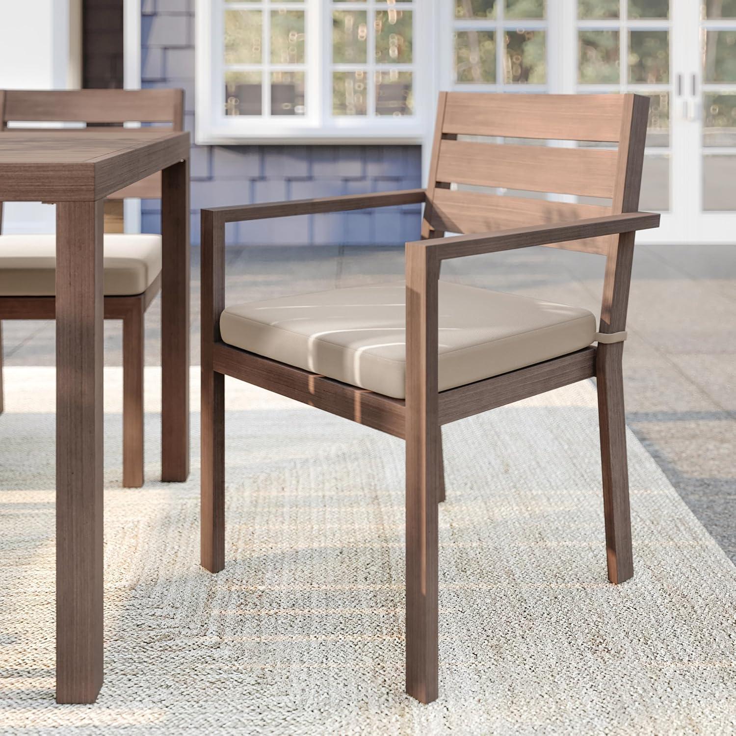 imageMartha Stewart Bedford IndoorOutdoor Stackable Aluminum Patio Armchair with Brushed Woodgrain Finish in Brown and Cream AllWeather CushionBrown