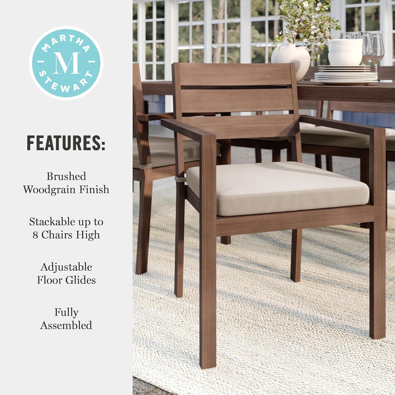 imageMartha Stewart Bedford IndoorOutdoor Stackable Aluminum Patio Armchair with Brushed Woodgrain Finish in Brown and Cream AllWeather CushionBrown