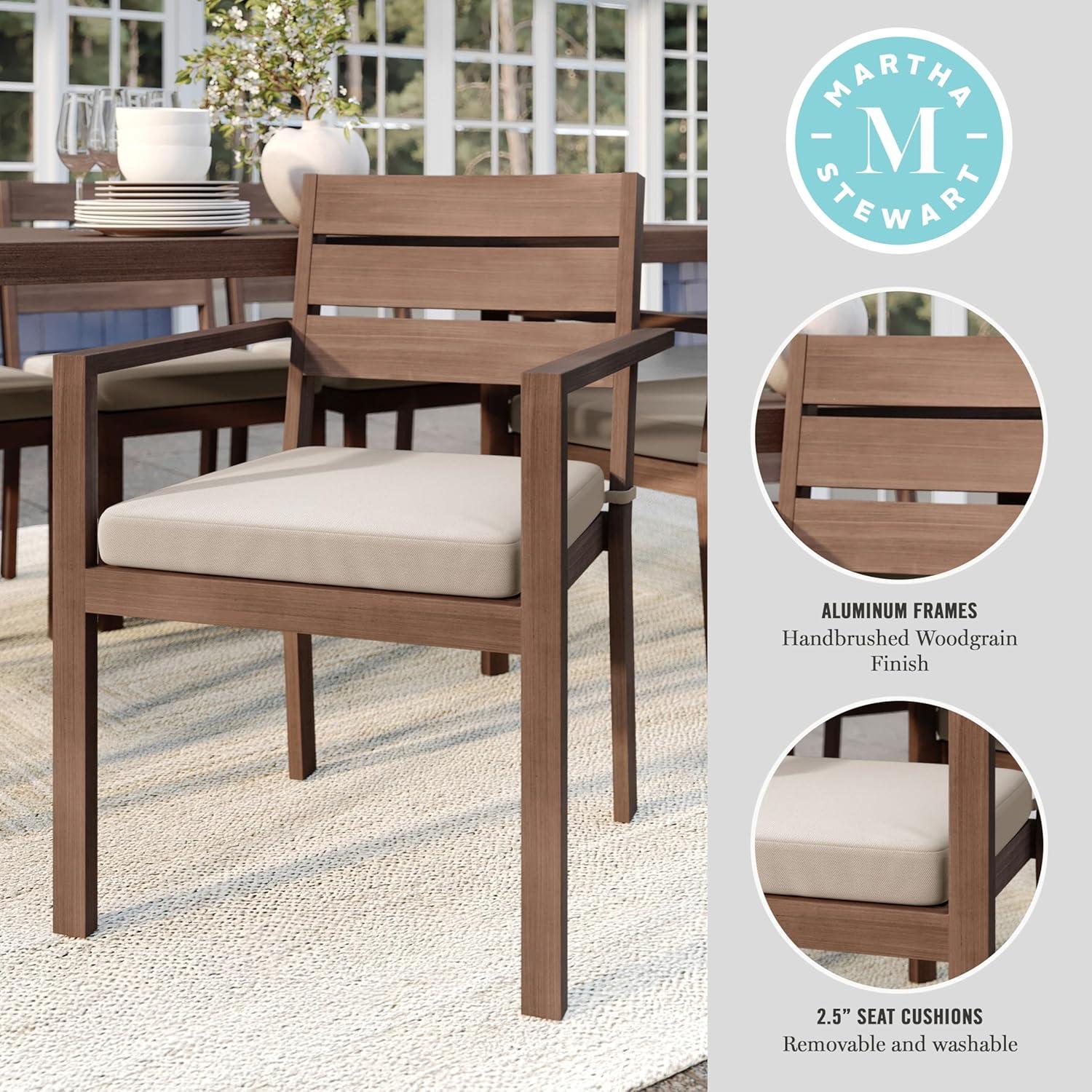 imageMartha Stewart Bedford IndoorOutdoor Stackable Aluminum Patio Armchair with Brushed Woodgrain Finish in Brown and Cream AllWeather CushionBrown