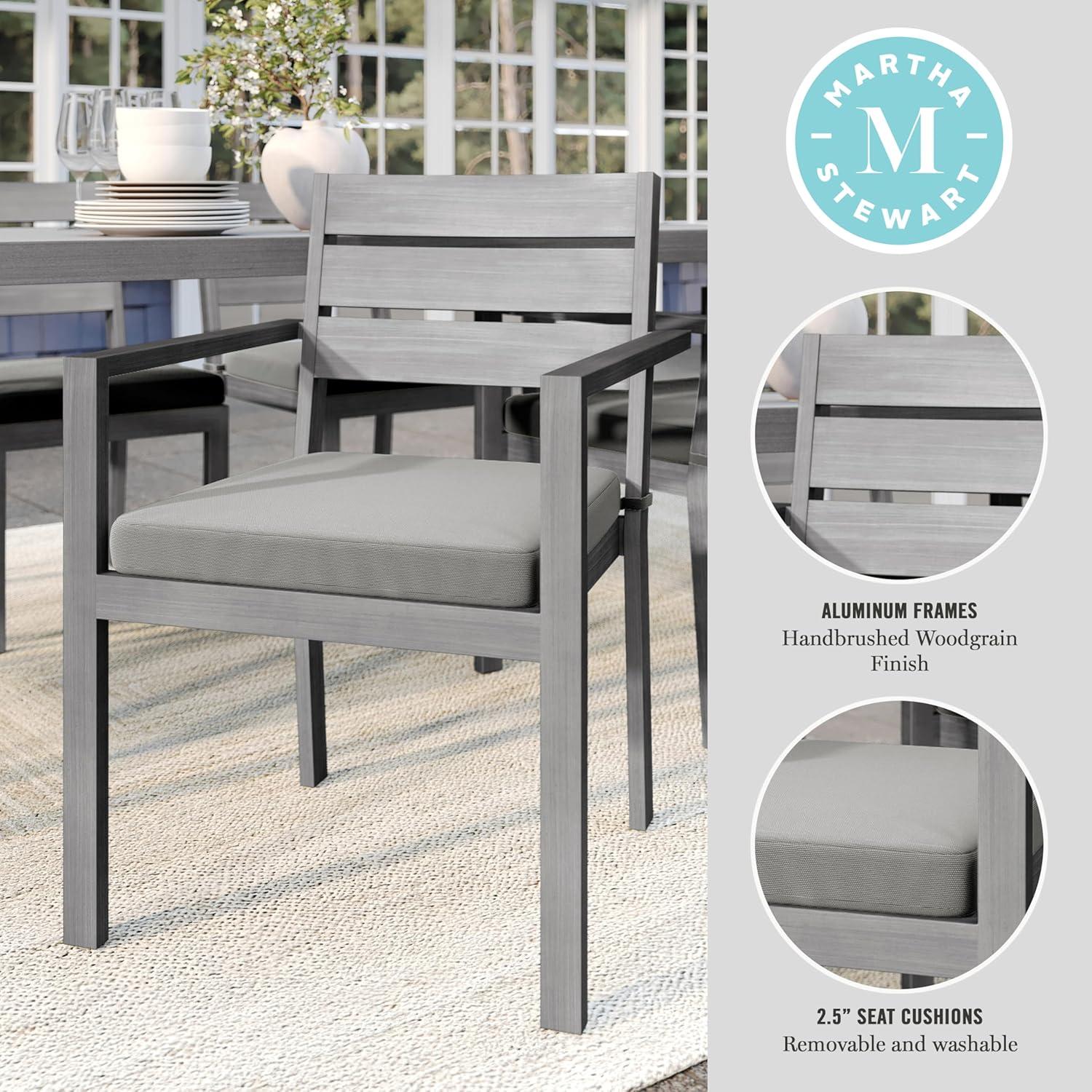 imageMartha Stewart Bedford IndoorOutdoor Stackable Aluminum Patio Armchair with Brushed Woodgrain Finish in Brown and Cream AllWeather CushionGrey