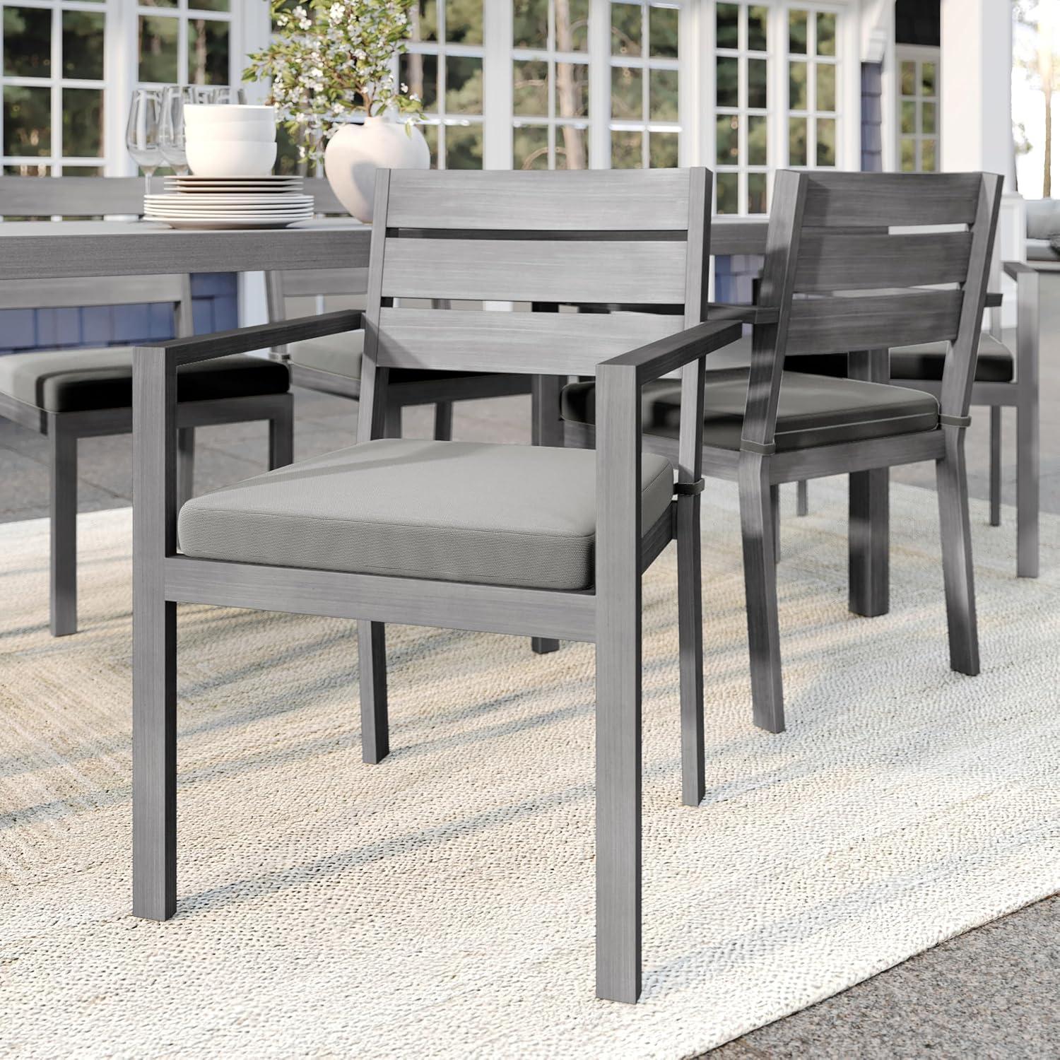 imageMartha Stewart Bedford IndoorOutdoor Stackable Aluminum Patio Armchair with Brushed Woodgrain Finish in Brown and Cream AllWeather CushionGrey