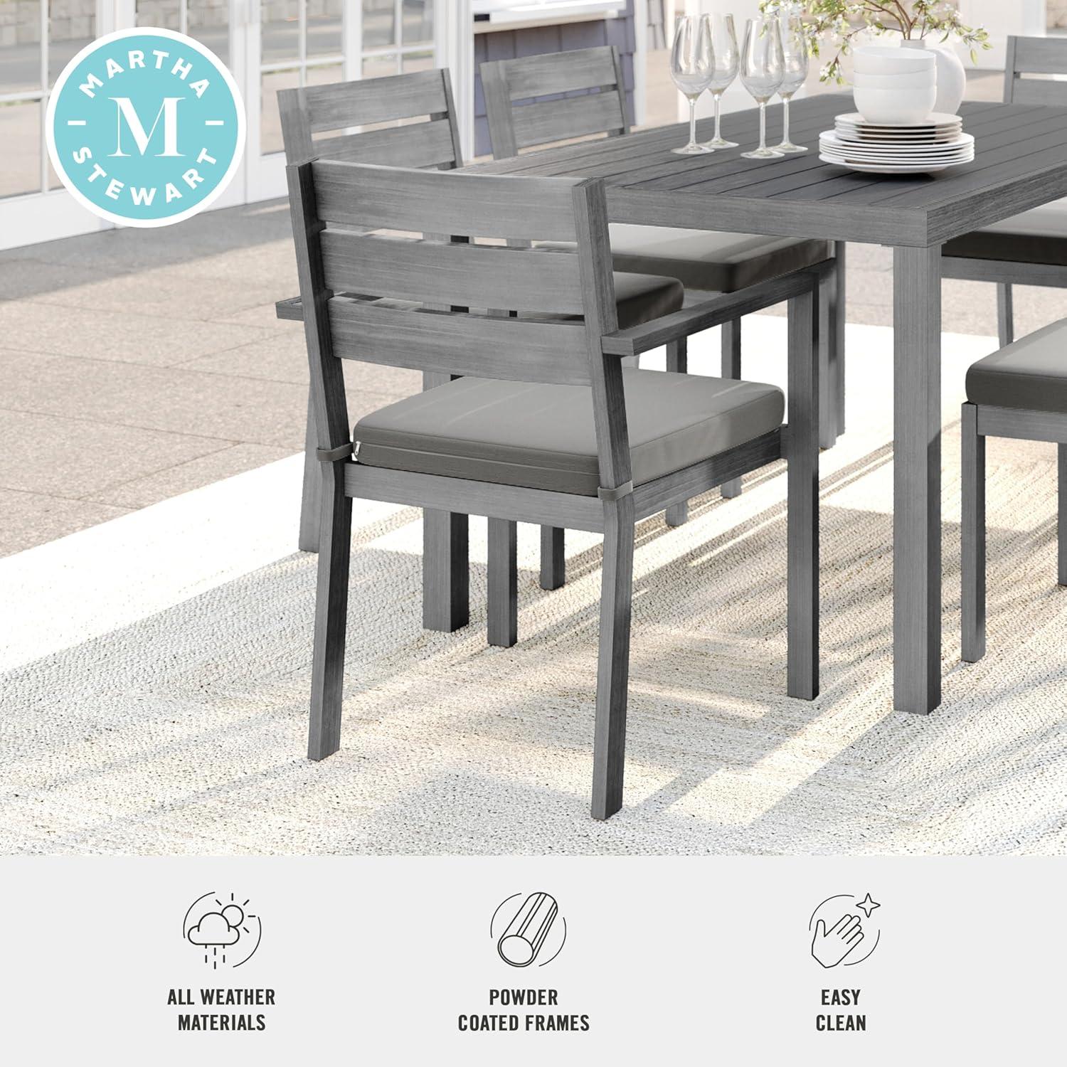imageMartha Stewart Bedford IndoorOutdoor Stackable Aluminum Patio Armchair with Brushed Woodgrain Finish in Brown and Cream AllWeather CushionGrey