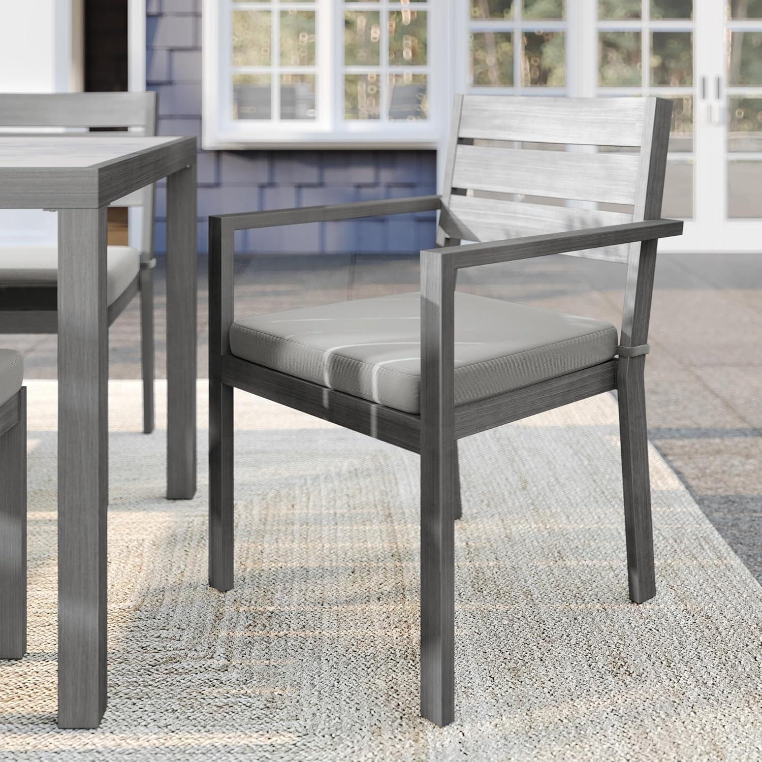 imageMartha Stewart Bedford IndoorOutdoor Stackable Aluminum Patio Armchair with Brushed Woodgrain Finish in Brown and Cream AllWeather CushionGrey