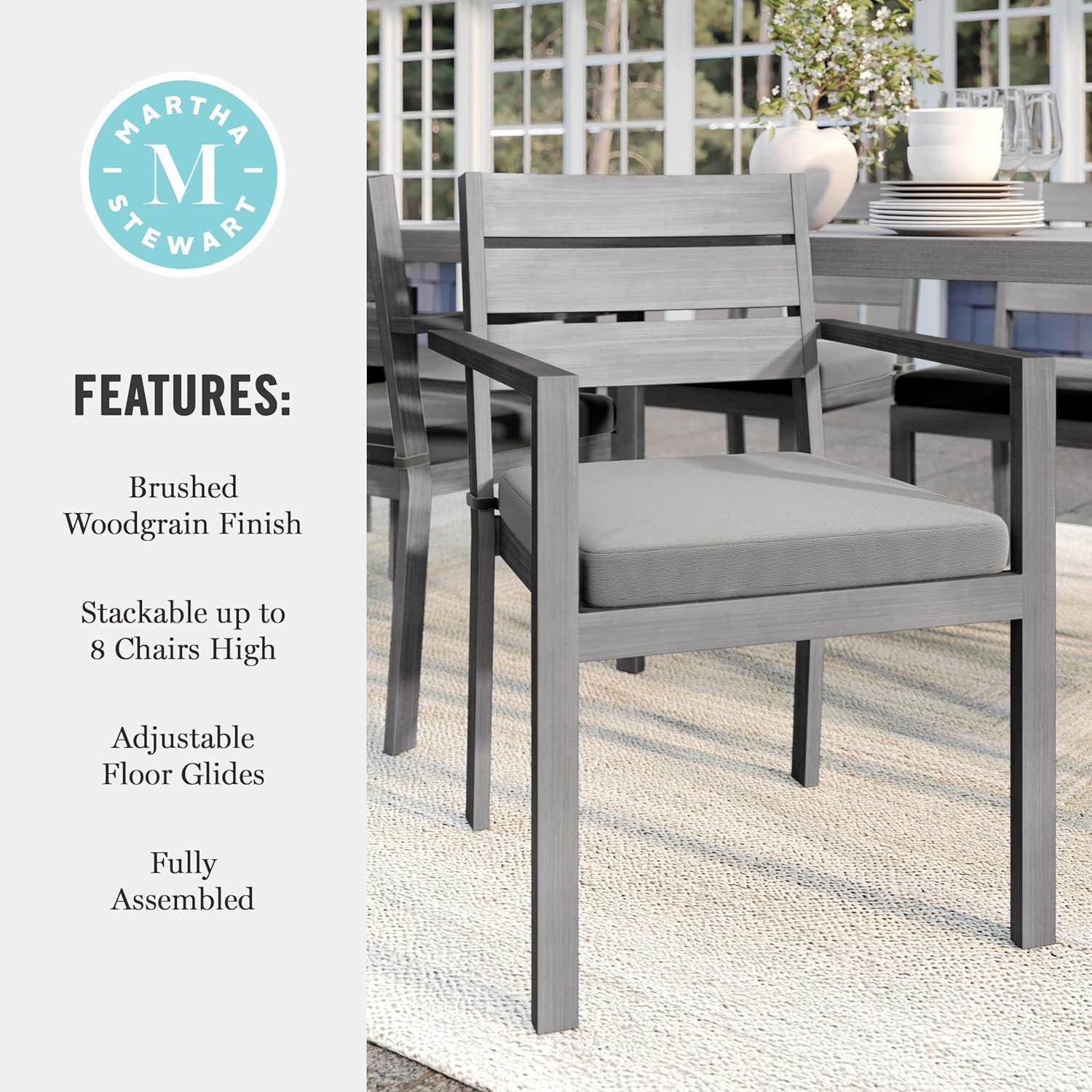 imageMartha Stewart Bedford IndoorOutdoor Stackable Aluminum Patio Armchair with Brushed Woodgrain Finish in Brown and Cream AllWeather CushionGrey