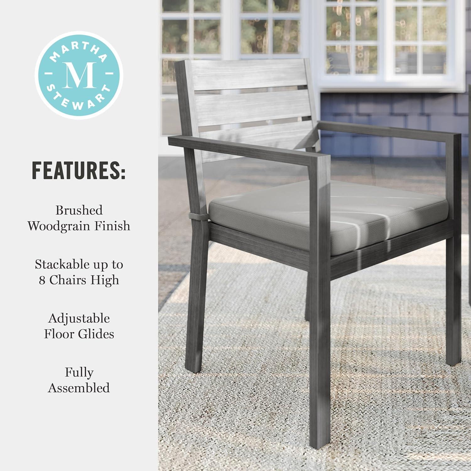 imageMartha Stewart Bedford IndoorOutdoor Stackable Aluminum Patio Armchair with Brushed Woodgrain Finish in Brown and Cream AllWeather CushionGrey