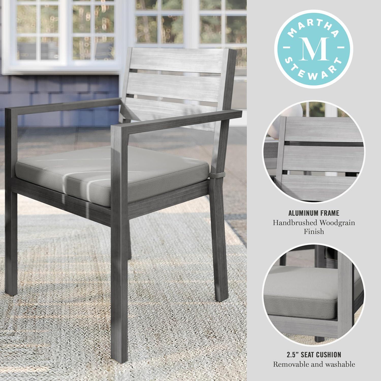 imageMartha Stewart Bedford IndoorOutdoor Stackable Aluminum Patio Armchair with Brushed Woodgrain Finish in Brown and Cream AllWeather CushionGrey