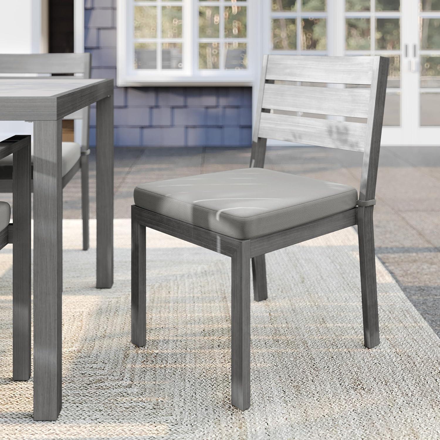 imageMartha Stewart Bedford IndoorOutdoor Stackable Aluminum Patio Chair with Brushed Woodgrain Finish in Gray and Gray AllWeather CushionGrey