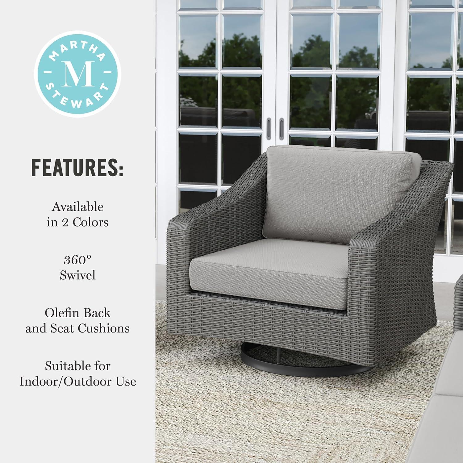 imageMartha Stewart Bedford Set of 2 IndoorOutdoor Patio Chairs with 360 Swivel Functionality and Rattan Wicker Finish in Brown with Tan AllWeather CushionsGray CushionsGray Frame