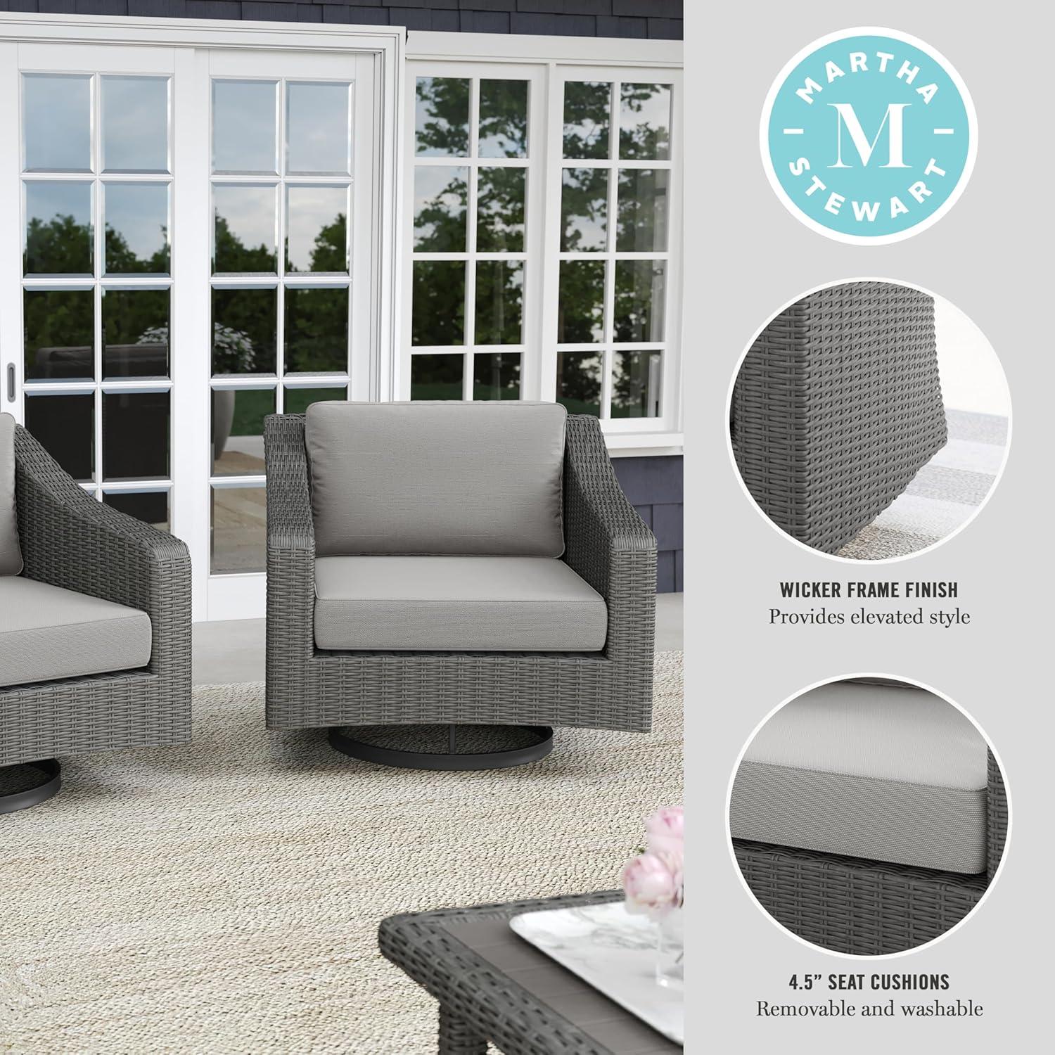 imageMartha Stewart Bedford Set of 2 IndoorOutdoor Patio Chairs with 360 Swivel Functionality and Rattan Wicker Finish in Brown with Tan AllWeather CushionsGray CushionsGray Frame