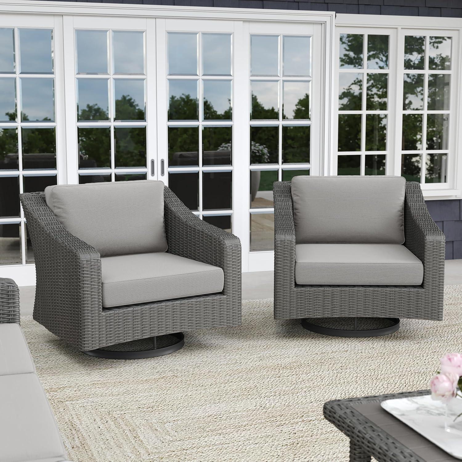 imageMartha Stewart Bedford Set of 2 IndoorOutdoor Patio Chairs with 360 Swivel Functionality and Rattan Wicker Finish in Brown with Tan AllWeather CushionsGray CushionsGray Frame