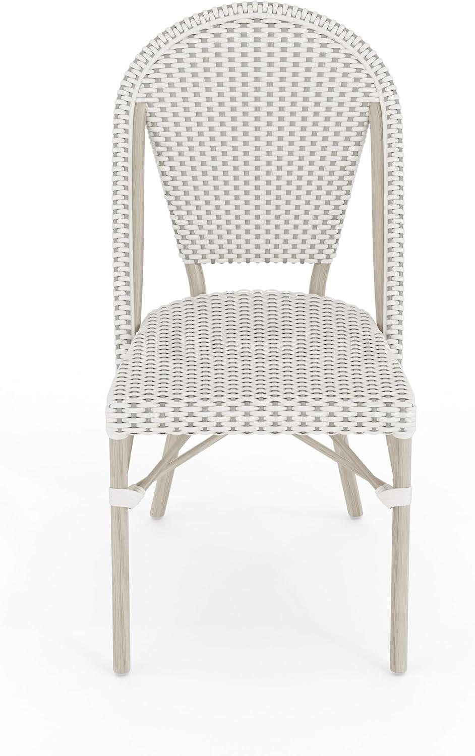imageMartha Stewart Lily Pond 3 Piece IndoorOutdoor Gray and White Woven Rattan Bistro Set with Gray Woodgrain Aluminum Frames and Tempered Glass TabletopGray WhiteGray Frame