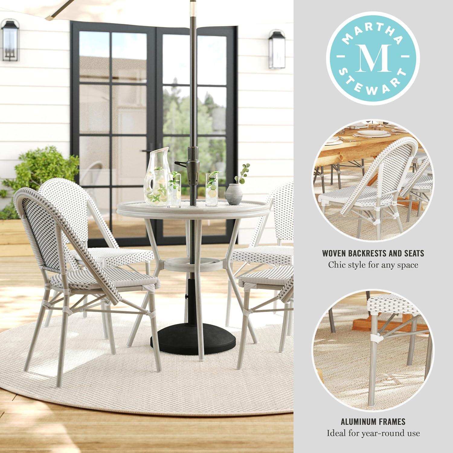 imageMartha Stewart Lily Pond 3 Piece IndoorOutdoor Gray and White Woven Rattan Bistro Set with Gray Woodgrain Aluminum Frames and Tempered Glass TabletopGray WhiteGray Frame