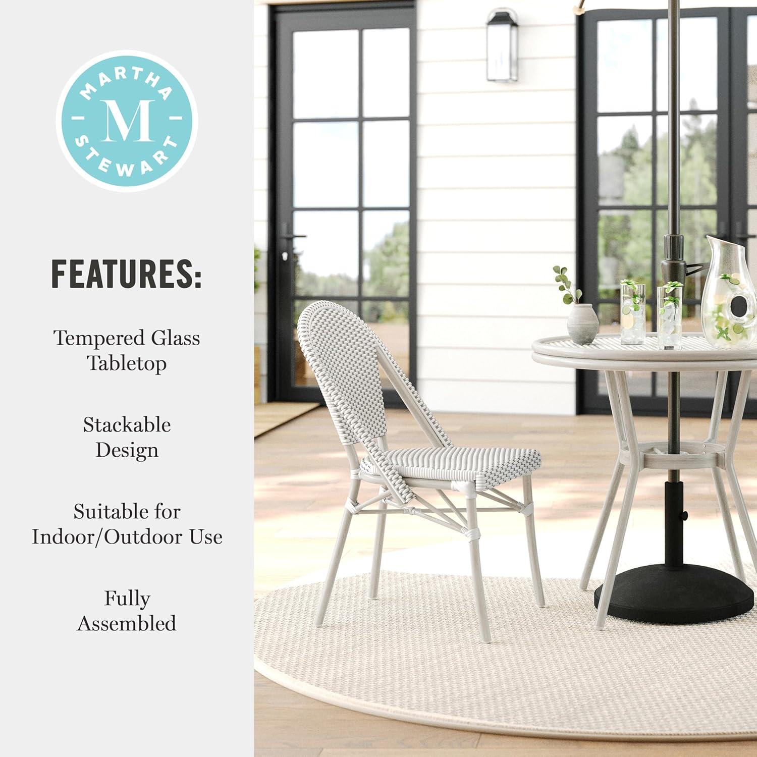 imageMartha Stewart Lily Pond 3 Piece IndoorOutdoor Gray and White Woven Rattan Bistro Set with Gray Woodgrain Aluminum Frames and Tempered Glass TabletopGray WhiteGray Frame