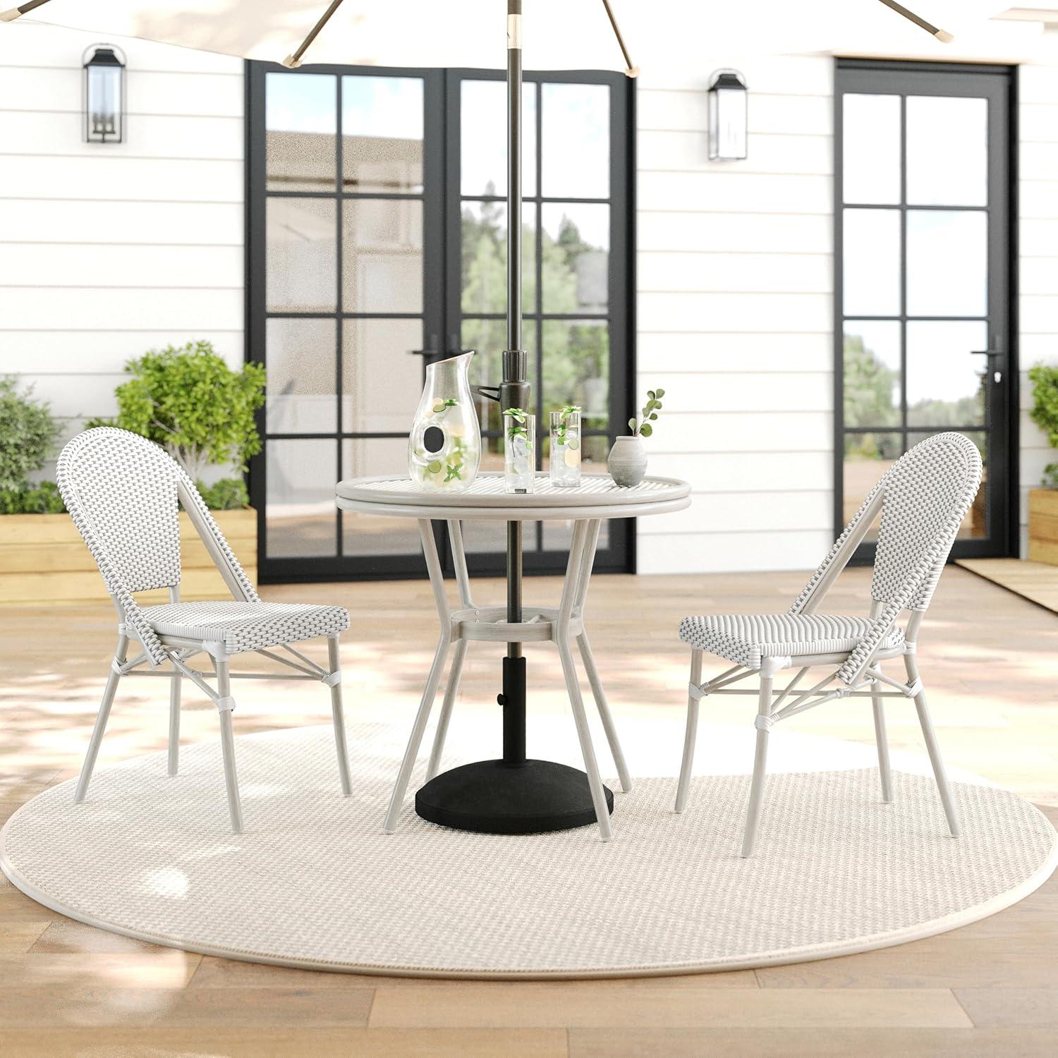 imageMartha Stewart Lily Pond 3 Piece IndoorOutdoor Gray and White Woven Rattan Bistro Set with Gray Woodgrain Aluminum Frames and Tempered Glass TabletopGray WhiteGray Frame