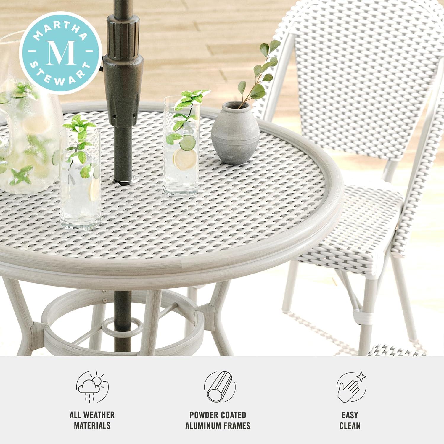 imageMartha Stewart Lily Pond 3 Piece IndoorOutdoor Gray and White Woven Rattan Bistro Set with Gray Woodgrain Aluminum Frames and Tempered Glass TabletopGray WhiteGray Frame