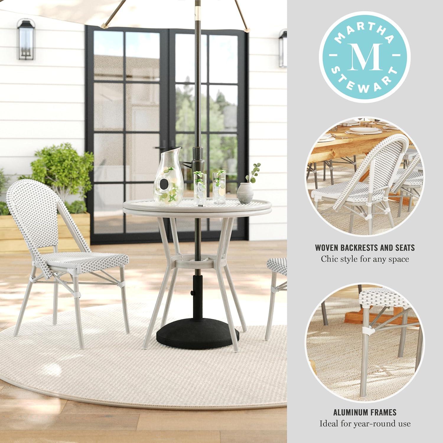 imageMartha Stewart Lily Pond 3 Piece IndoorOutdoor Gray and White Woven Rattan Bistro Set with Gray Woodgrain Aluminum Frames and Tempered Glass TabletopGray WhiteGray Frame