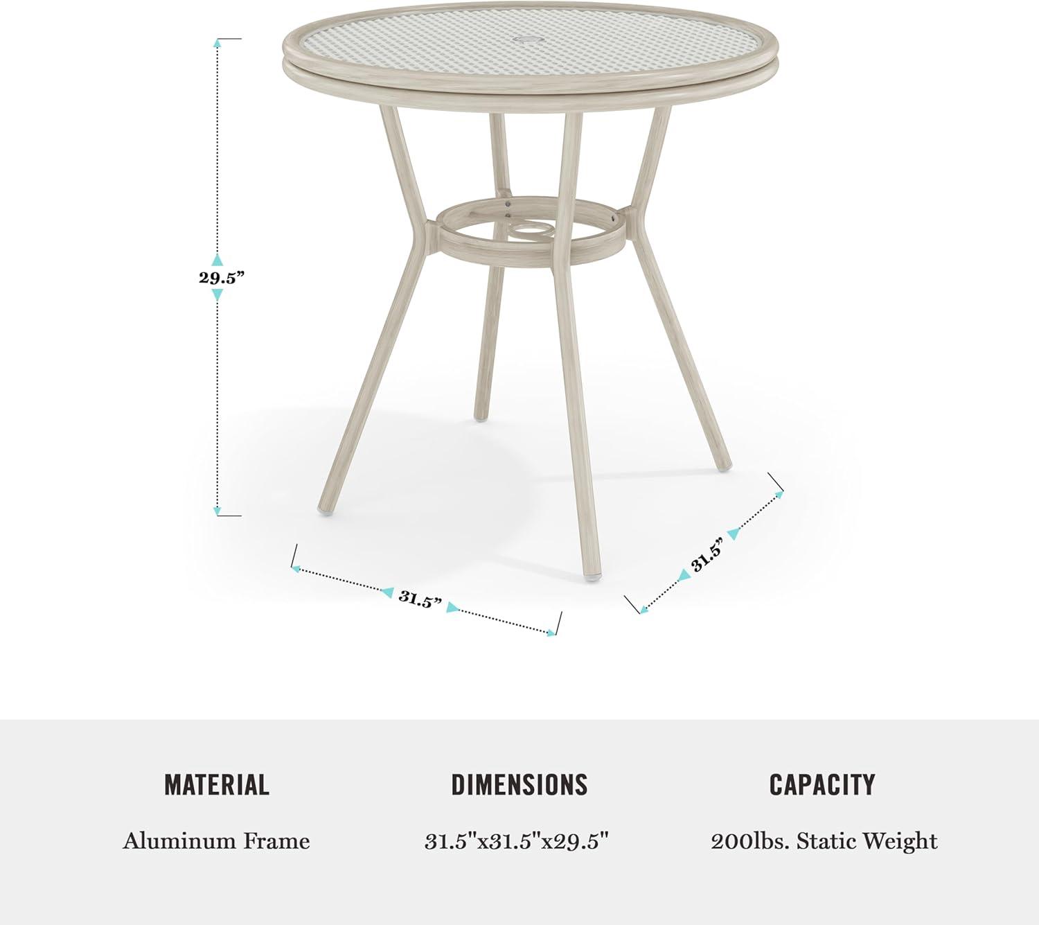 imageMartha Stewart Lily Pond 3 Piece IndoorOutdoor Gray and White Woven Rattan Bistro Set with Gray Woodgrain Aluminum Frames and Tempered Glass TabletopGray WhiteGray Frame